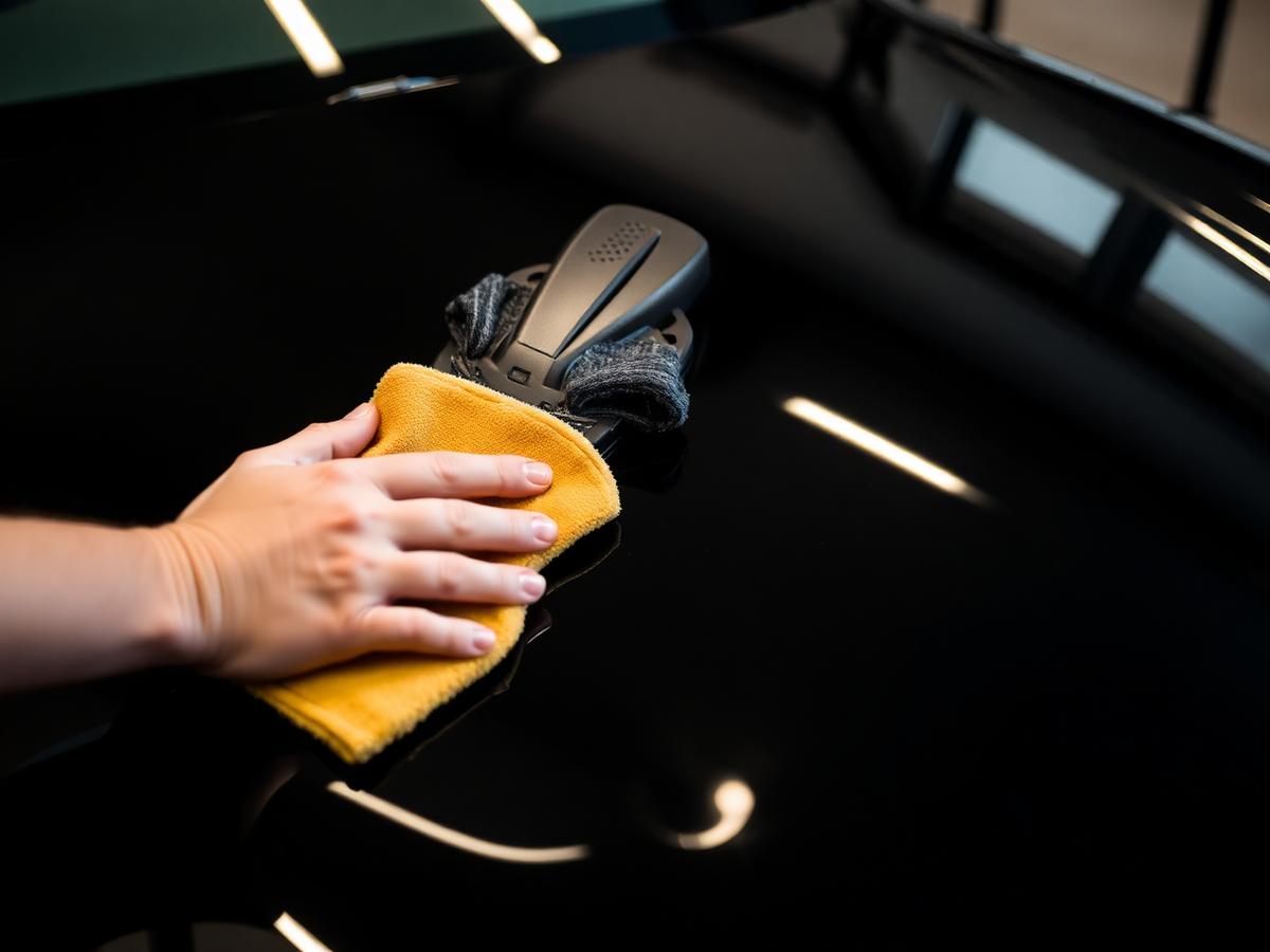 Hand polishing the glossy hood of a black sedan in Ashburn